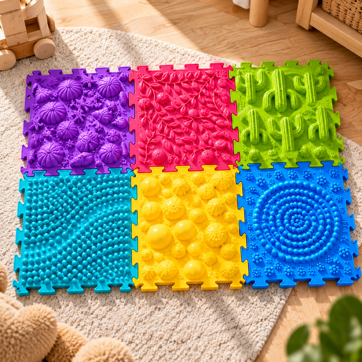 Kolorowe sensoryczne maty puzzlowe Sensiko na dywanie