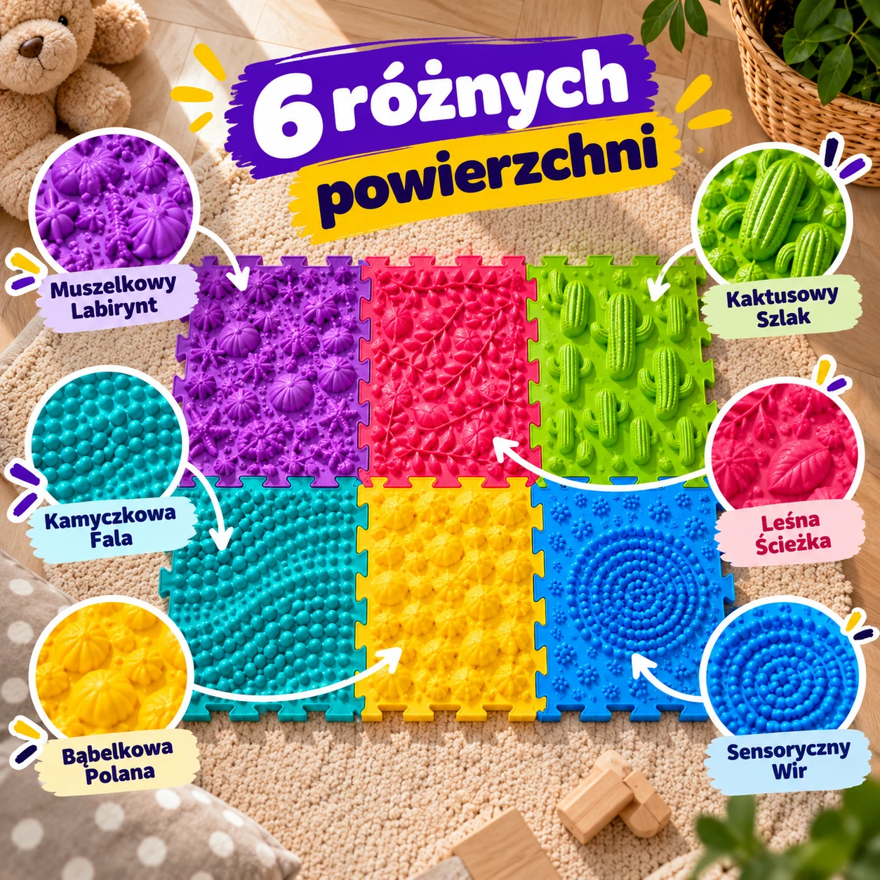 6 różnych powierzchni Sensiko – sześć kolorowych puzzli z różnymi fakturami